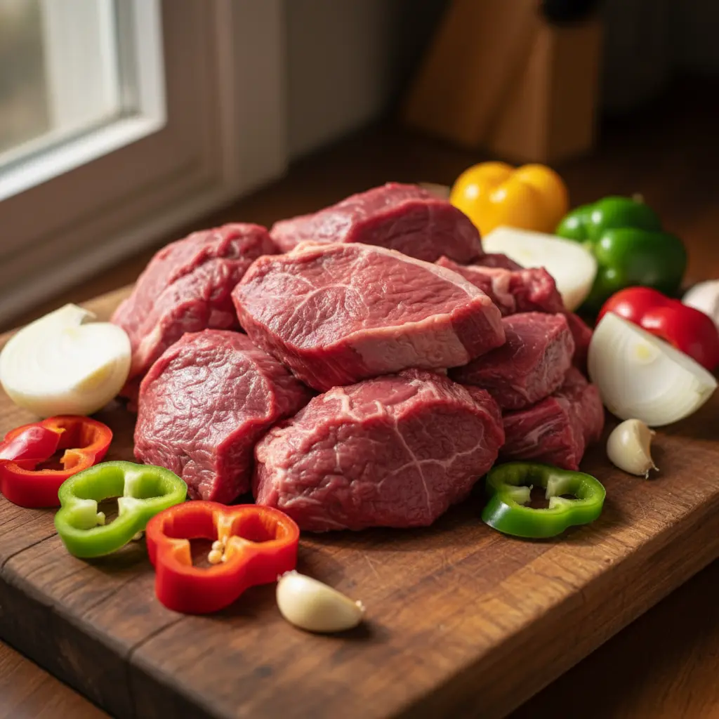 Bistec de falda crudo en tabla rústica con pimientos, cebolla y ajo.