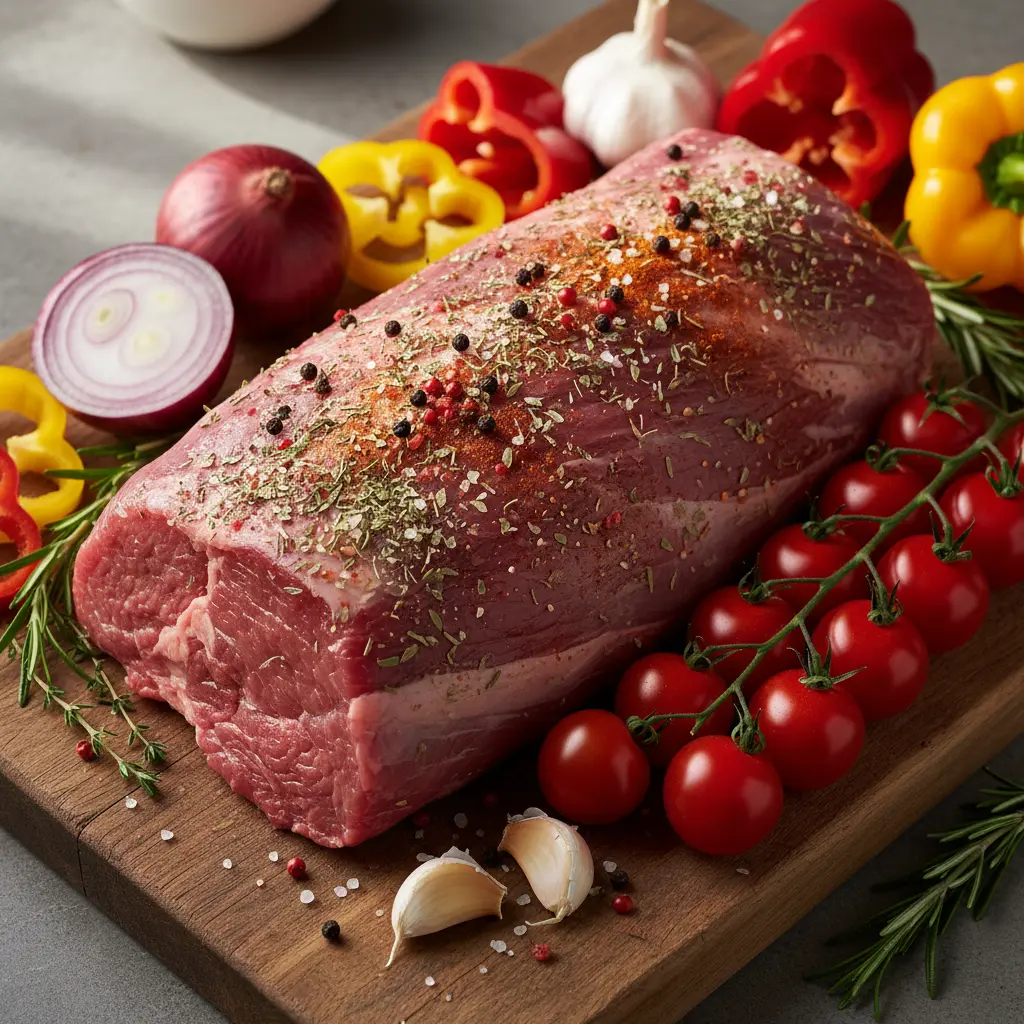 Roast de res boliche crudo con especias, rodeado de verduras frescas en tabla rústica.