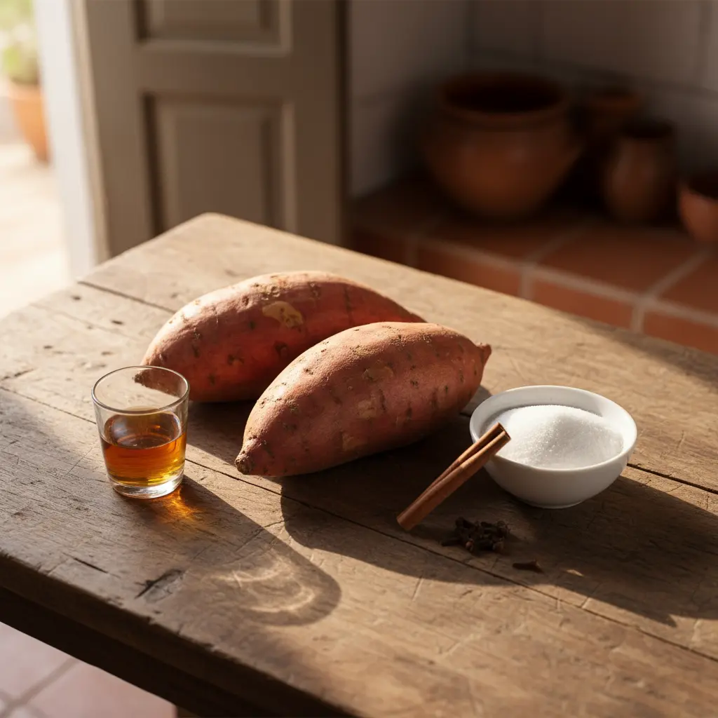 Ingredientes para Boniatillo Borracho Boniatillo borracho: boniatos, azúcar, canela, clavo y ron en mesa rústica.