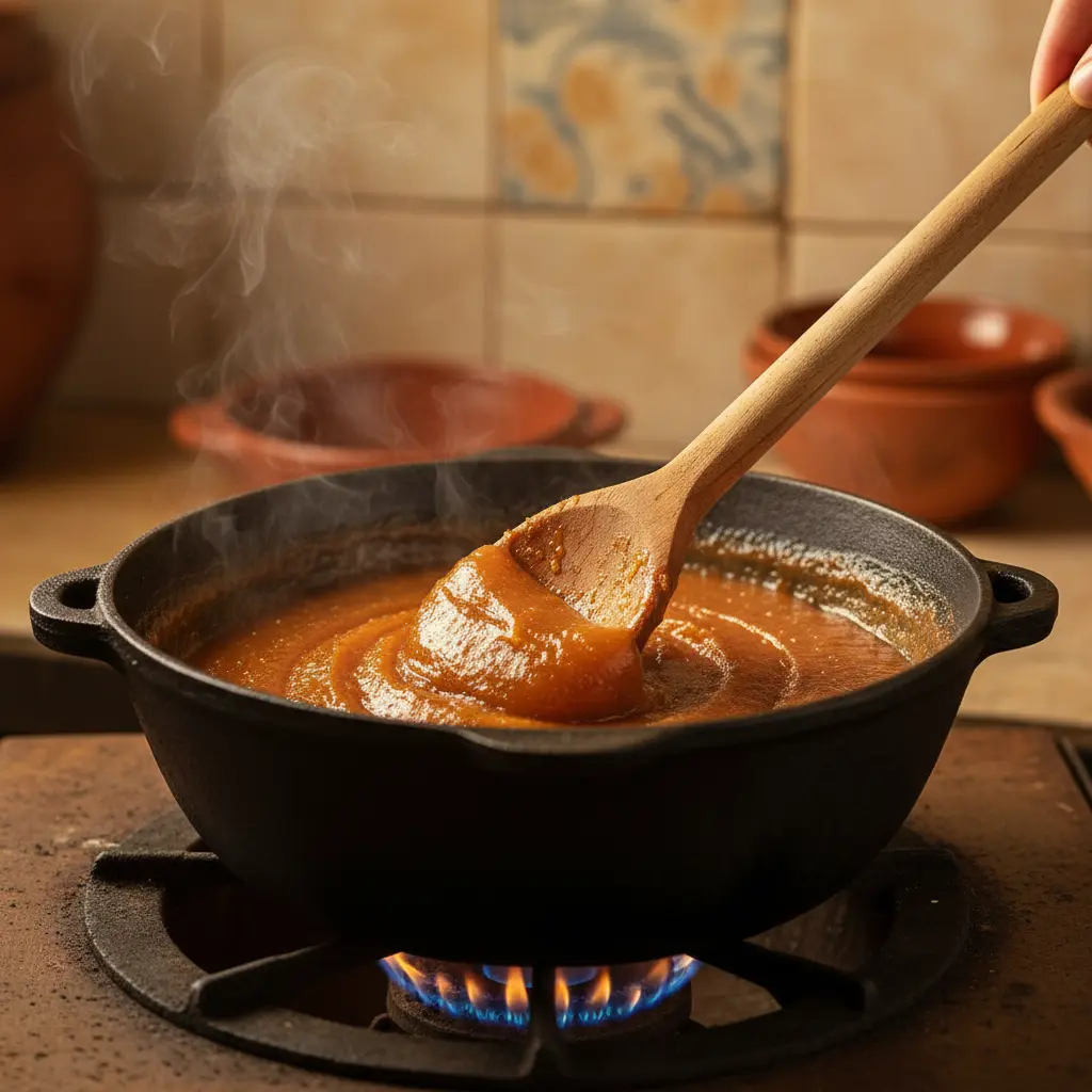 Boniatillo Borracho: Dulce Cubano en Caldero Boniatillo borracho espeso y brillante en caldero cubano, cocinándose a fuego lento.