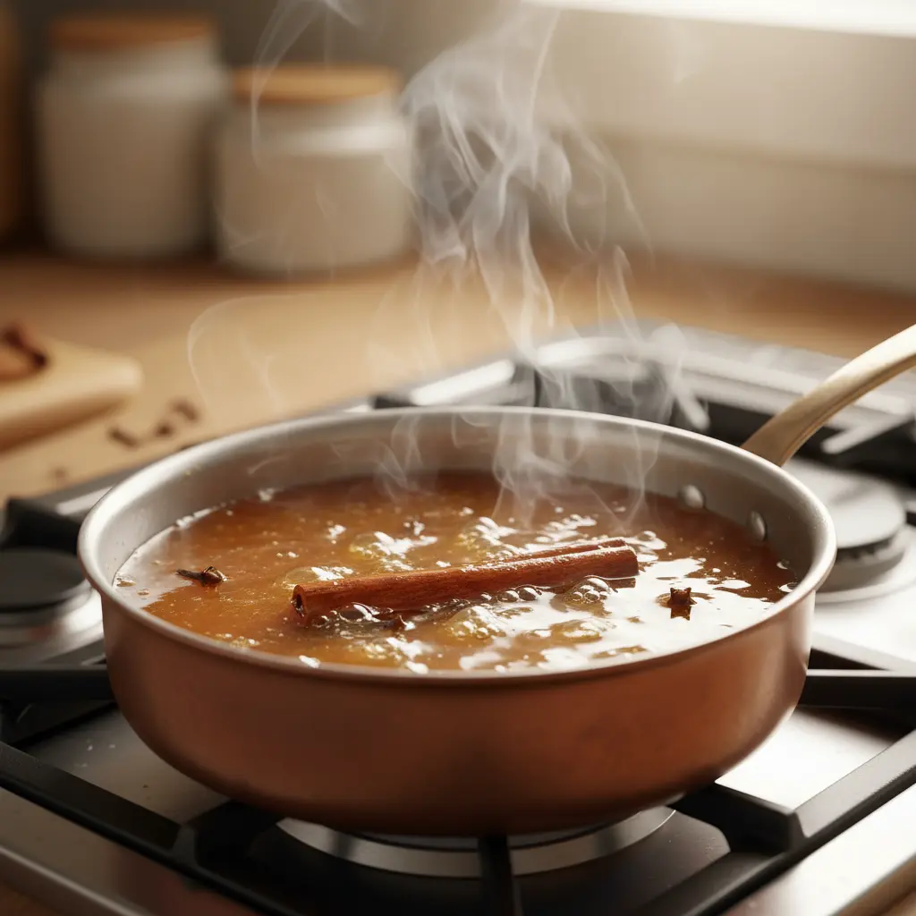 Sirope ámbar casero con especias Sirope ámbar espeso con canela y clavo en cacerola, listo para usar.