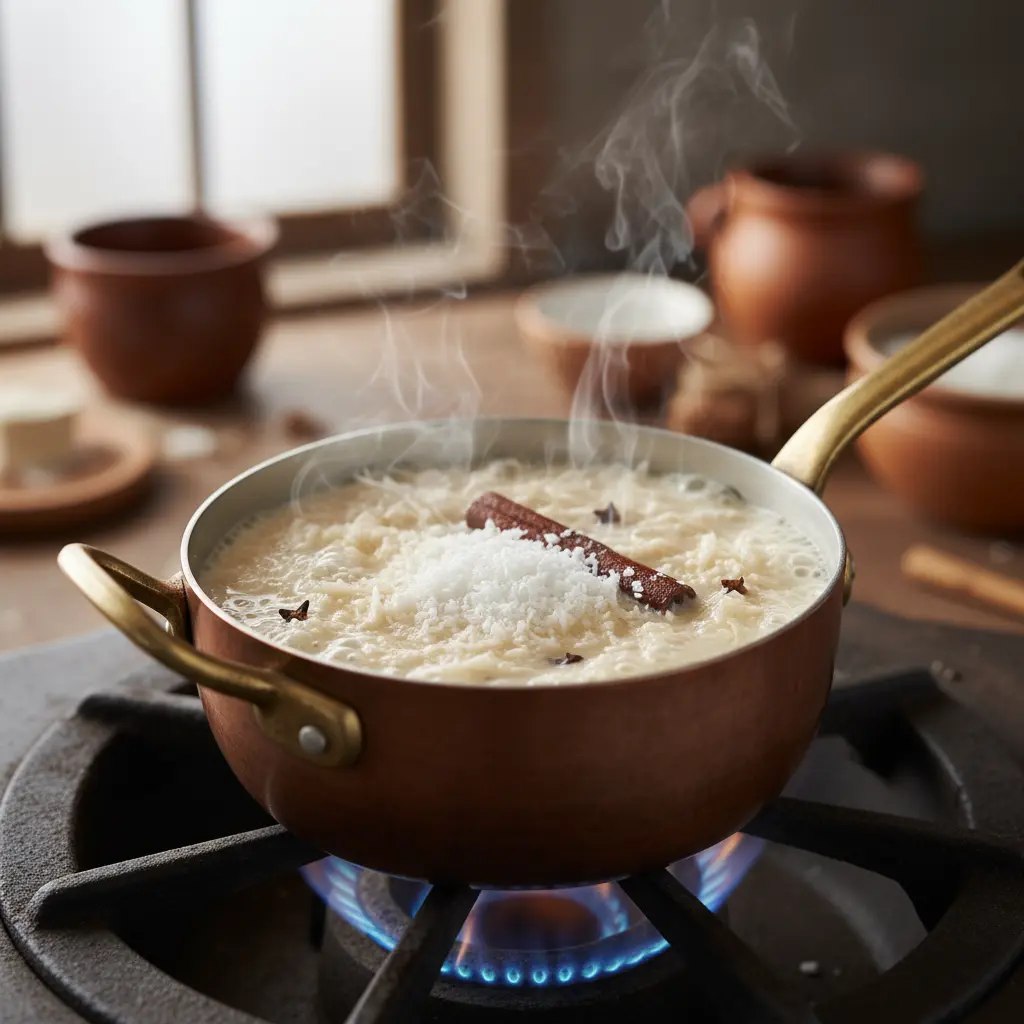 Coco rallado y azúcar en leche caliente Coco rallado y azúcar disolviéndose en leche caliente con canela y clavo.