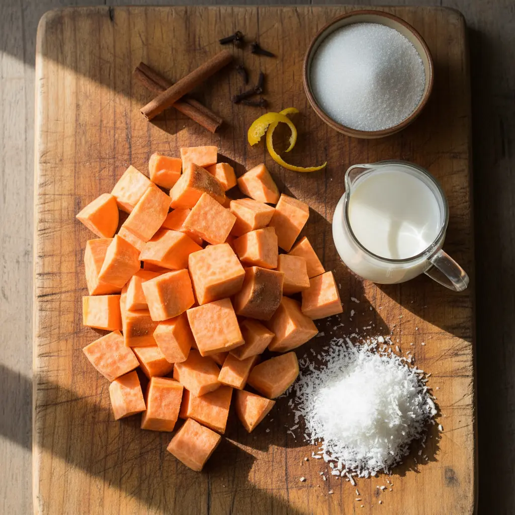 Boniatillo con Coco: Ingredientes Frescos Ingredientes frescos para boniatillo con coco: boniato, coco rallado, azúcar, leche, canela, clavo y limón.