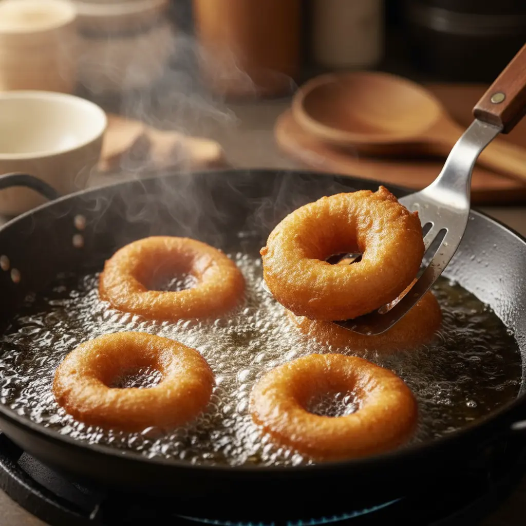Buñuelos de yuca dorados y crujientes Buñuelos de yuca dorados friéndose en aceite caliente, burbujeando y crujientes.
