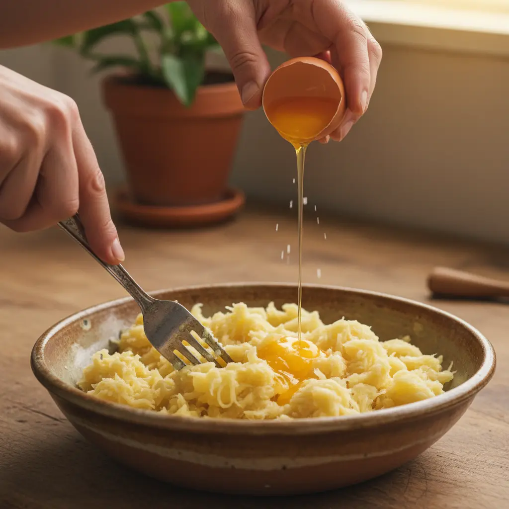 Yuca machacada casera: receta cubana auténtica Manos machacando yuca cocida con huevo y sal en bol rústico, cocina cubana.