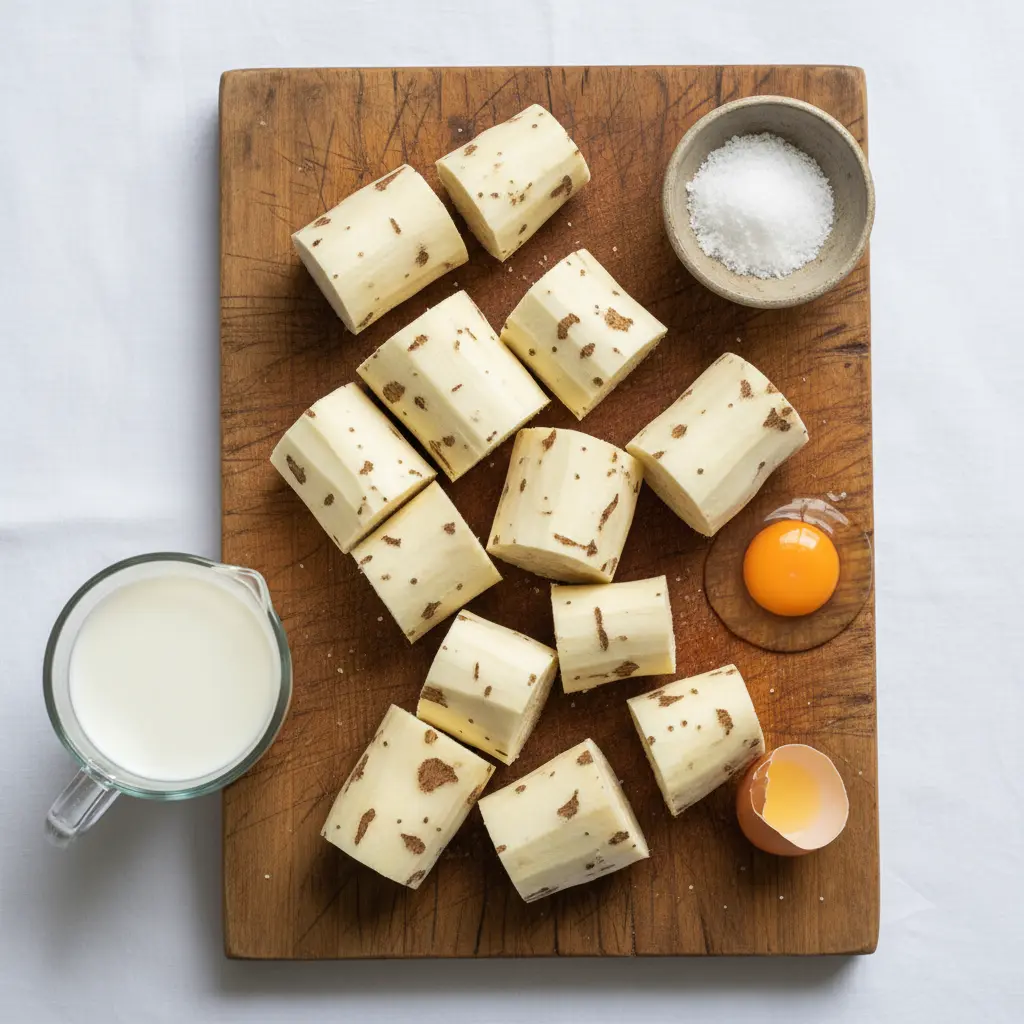 Ingredientes cubanos: Yuca, sal, huevo y leche Yuca fresca pelada en trozos, sal, huevo y leche en tabla rústica, fondo blanco.