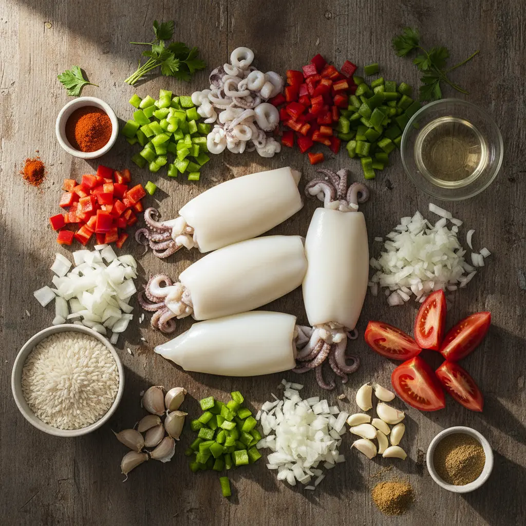 Calamares Rellenos Cubanos: Ingredientes Frescos Ingredientes frescos para calamares rellenos cubanos: calamares, verduras, arroz, vino y especias.