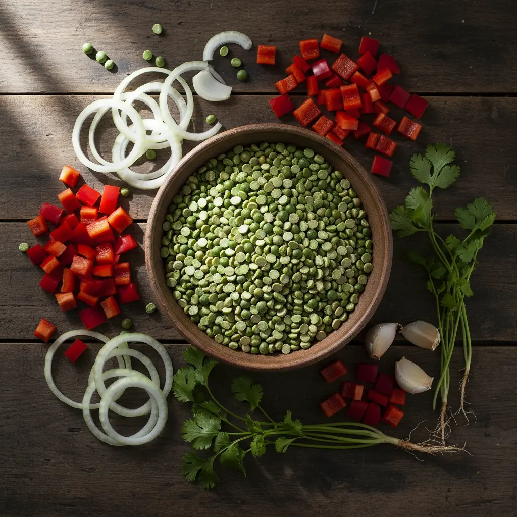 Chicharos secos verdes vibrantes en cuenco rústico, con sofrito cubano: pimiento rojo, cebolla, ajo, cilantro.