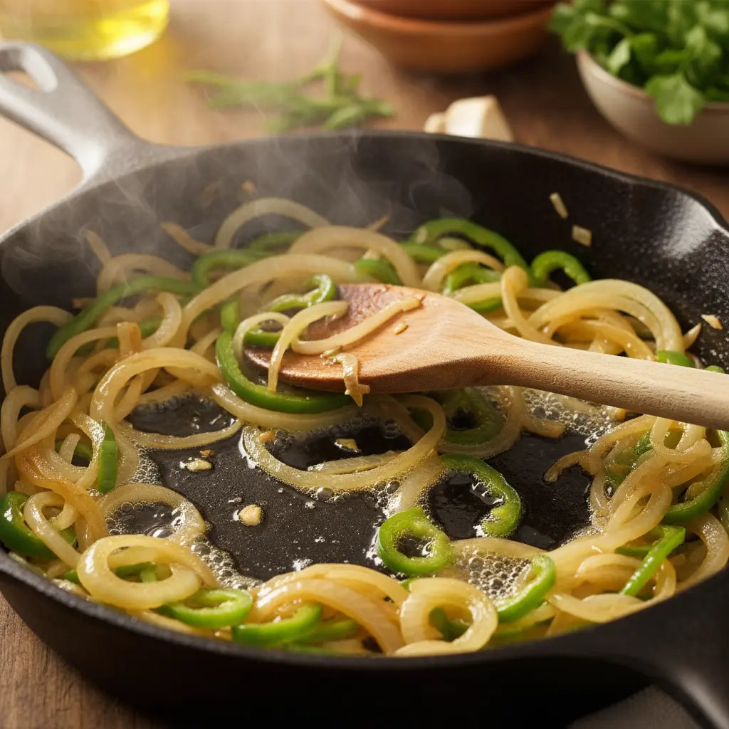 Sofrito cubano tradicional salteándose en sartén de hierro fundido: cebolla translúcida, pimiento verde, ajo y aceite de oliva.