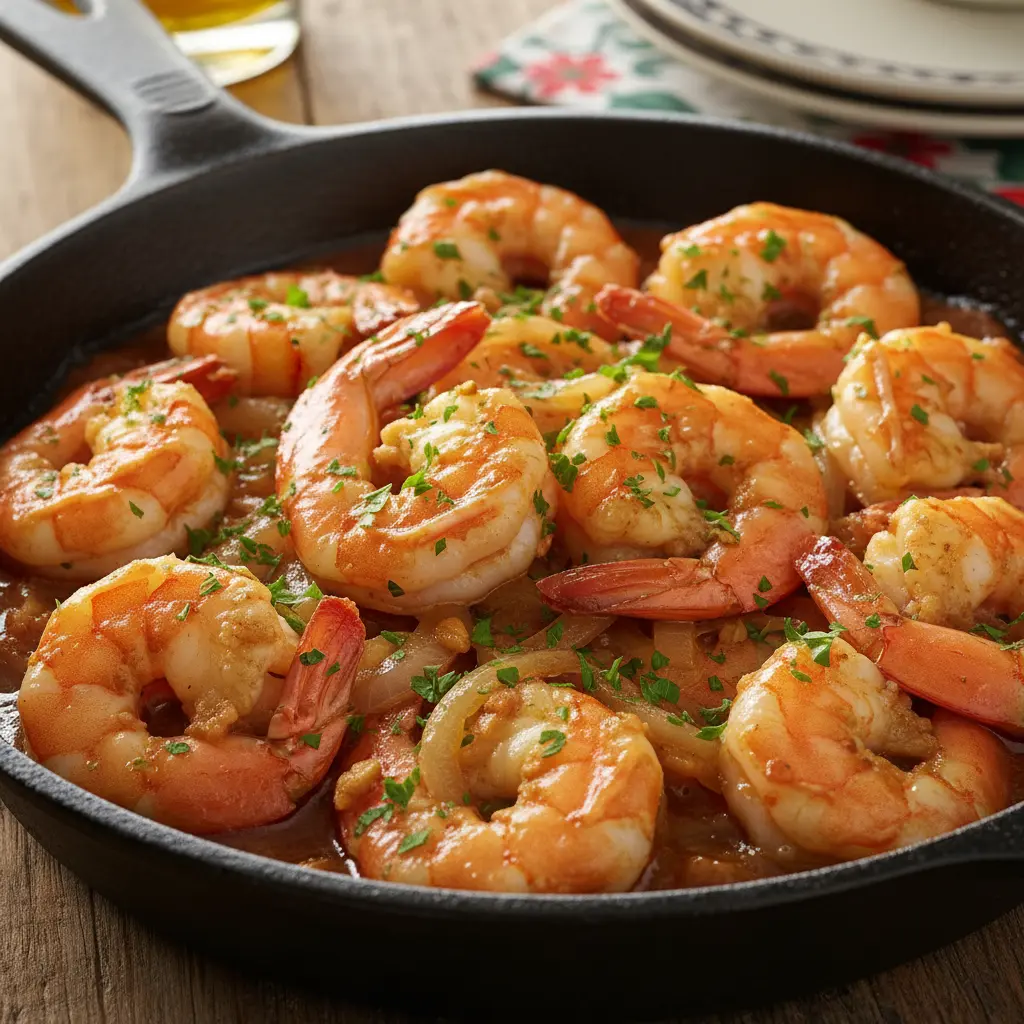 Camarones borrachitos cubanos en sartén rústica, con ajo, cebolla y perejil.