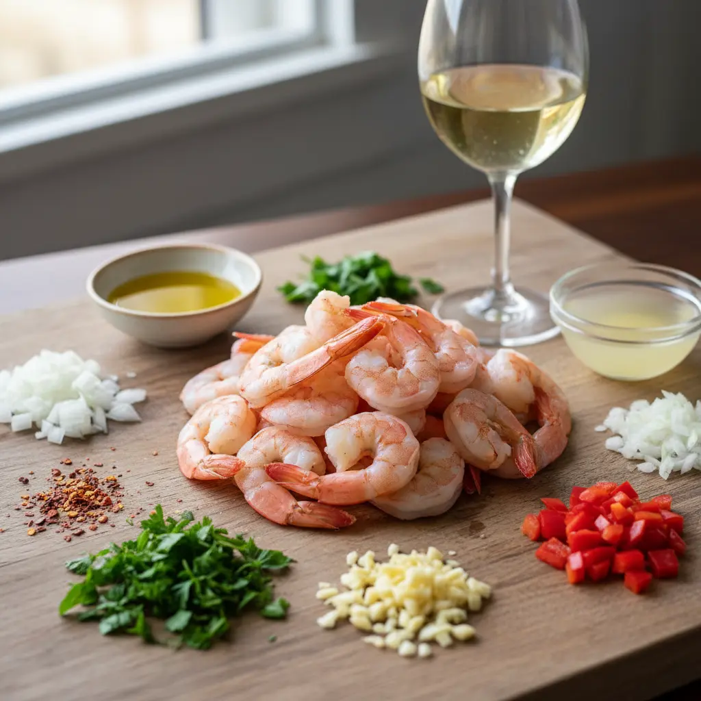 Ingredientes frescos para camarones borrachitos: camarones, ajo, cebolla, pimiento, vino blanco y perejil.