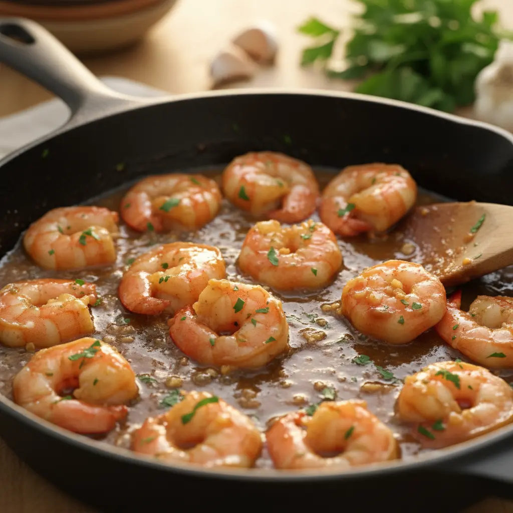 Camarones rosados glaseados en sartén de hierro fundido con salsa brillante y ajo.