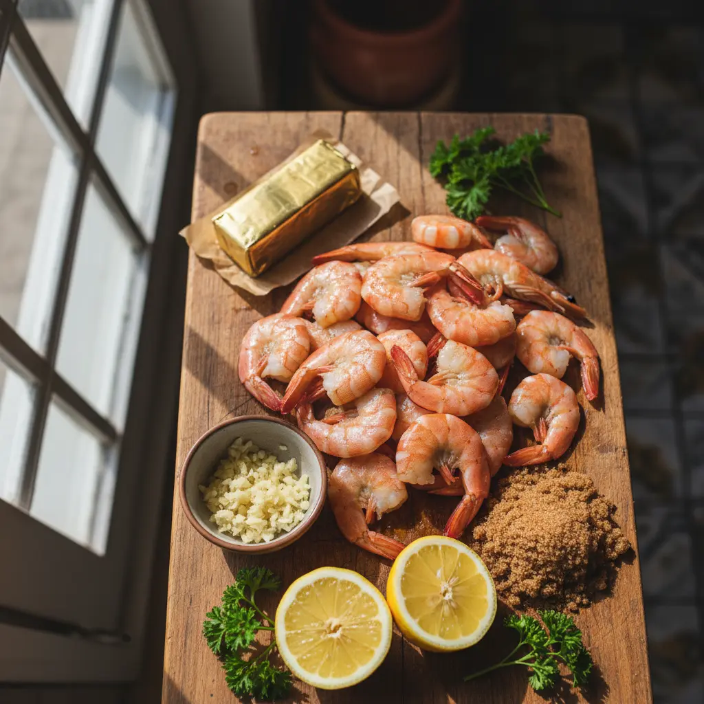 Ingredientes frescos para camarones cubanos glaseados: camarones, ajo, mantequilla, azúcar, limón, perejil.