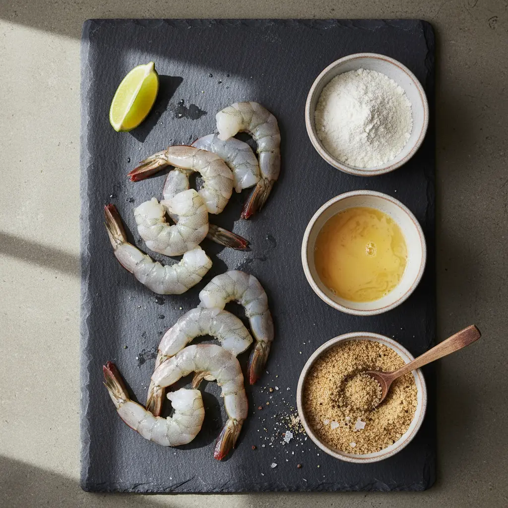 Camarones crudos para empanizar: ingredientes y preparación Camarones crudos listos para empanizar con harina, huevo y pan rallado sobre pizarra.