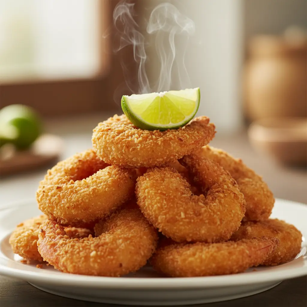 Camarones crujientes: Delicia dorada con limón Camarones dorados y crujientes en plato blanco con limón, vapor ascendiendo.