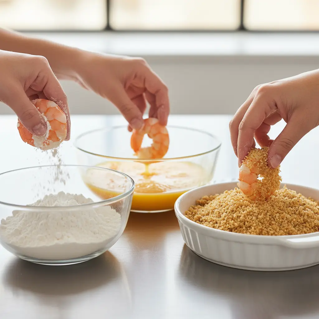 Empanizando camarones: técnica paso a paso Proceso de empanizado de camarones: mano enharina, reboza en huevo y cubre con pan rallado.