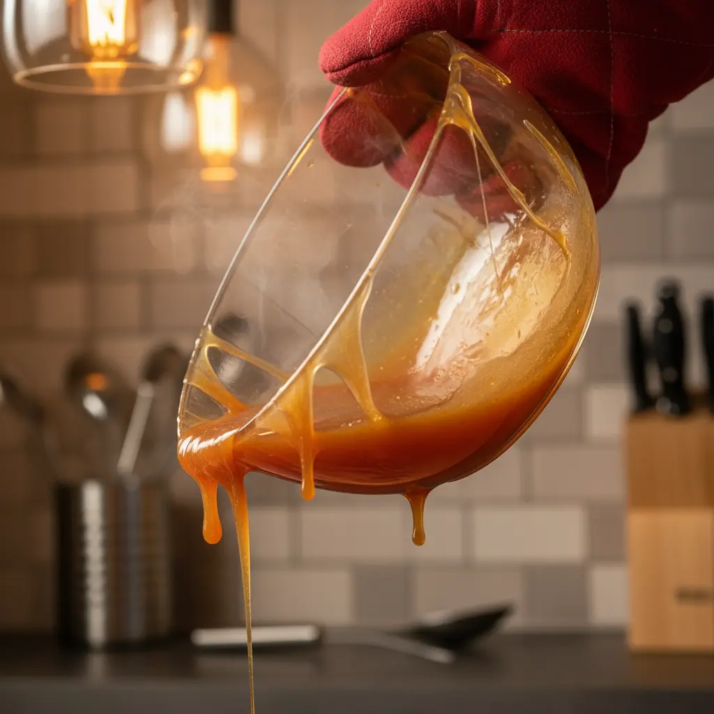 Caramelo caliente fluyendo en cocina Caramelo dorado líquido cayendo de un bol de vidrio con guantes de cocina.