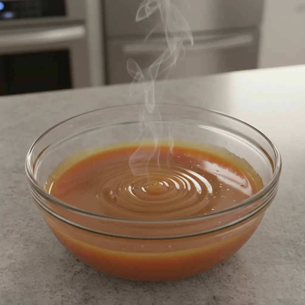 Caramelo líquido dorado perfecto en bol Caramelo líquido dorado y brillante en bol de vidrio, con vapor ascendiendo. Cocina moderna.