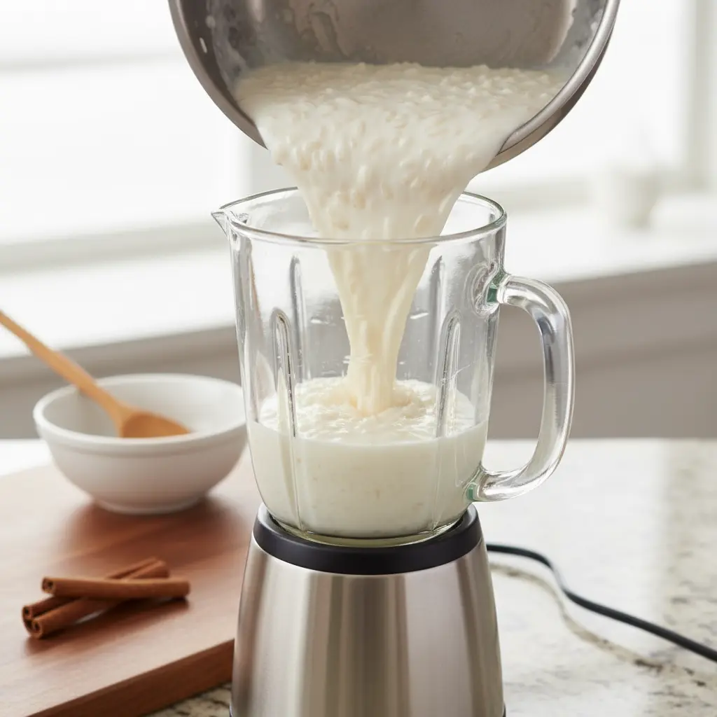 Arroz cremoso y leche vertiéndose en licuadora, con canela. Textura suave.