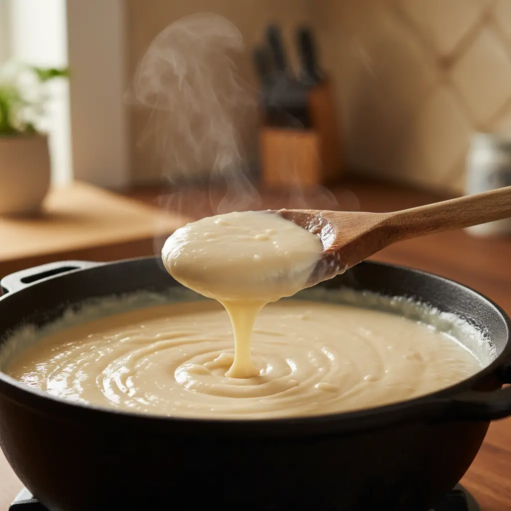 Crema de arroz cubana espesa en caldero, removida con cuchara de madera. Textura cremosa.