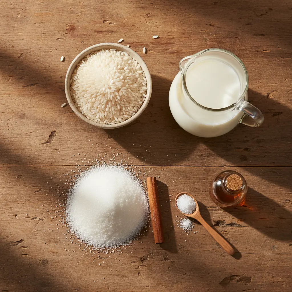 Ingredientes para crema de arroz cubana: arroz, leche, azúcar, canela, vainilla, sal.