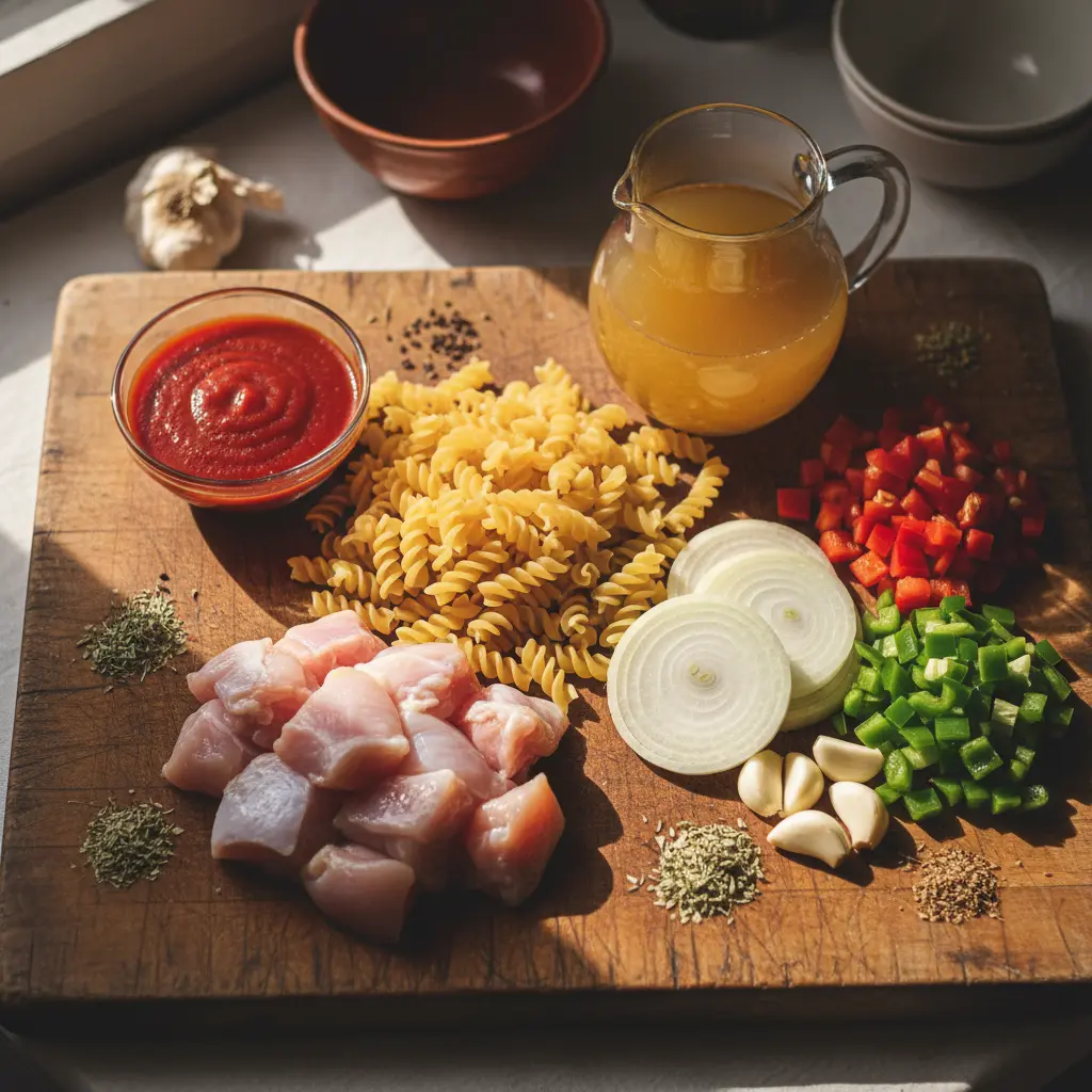 Macarrones Cubanos con Pollo: Ingredientes Frescos Ingredientes frescos para macarrones cubanos con pollo: pasta, pollo, cebolla, pimientos, ajo, tomate y caldo.