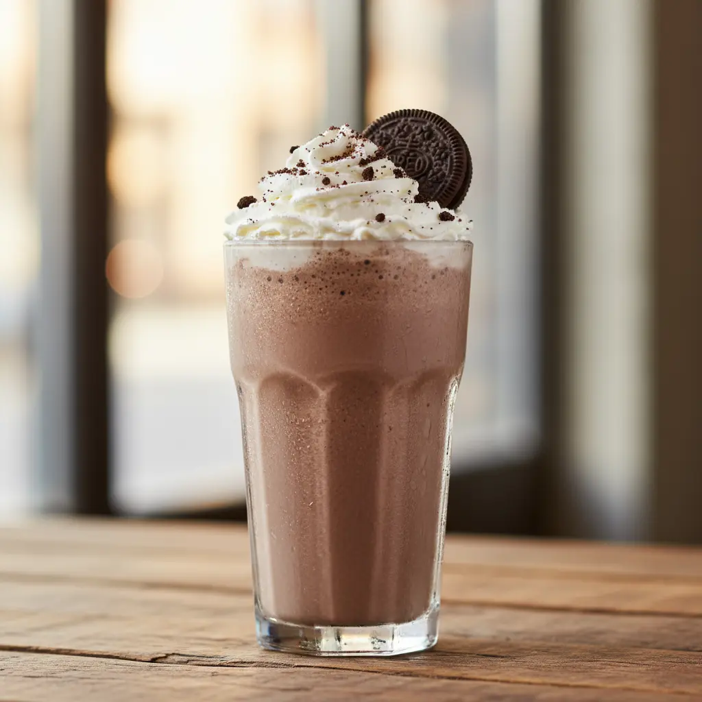 Batido de Oreo oscuro y rico en vaso alto, con crema batida y galleta entera.