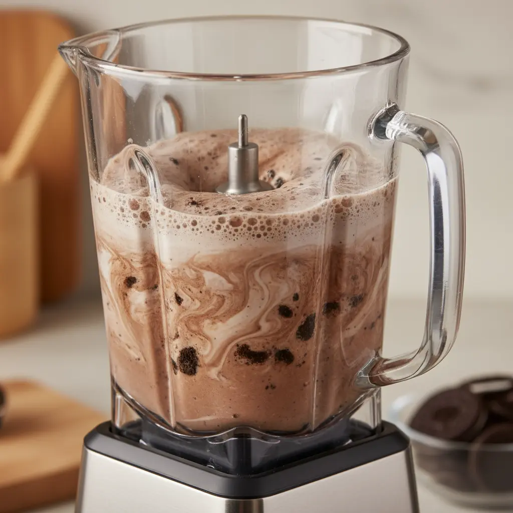 Batido oscuro de Oreo y helado en licuadora, con espuma y trozos de galleta.