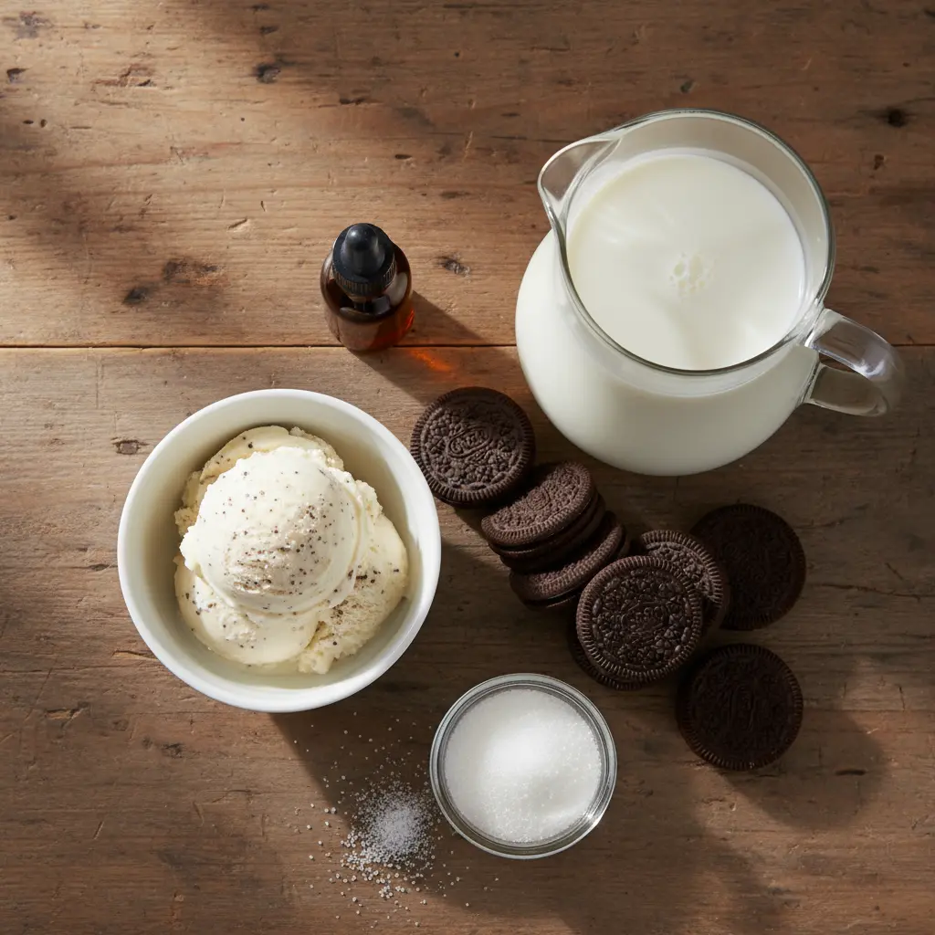 Ingredientes para batido cremoso de Oreo: leche, helado, galletas, azúcar y vainilla.