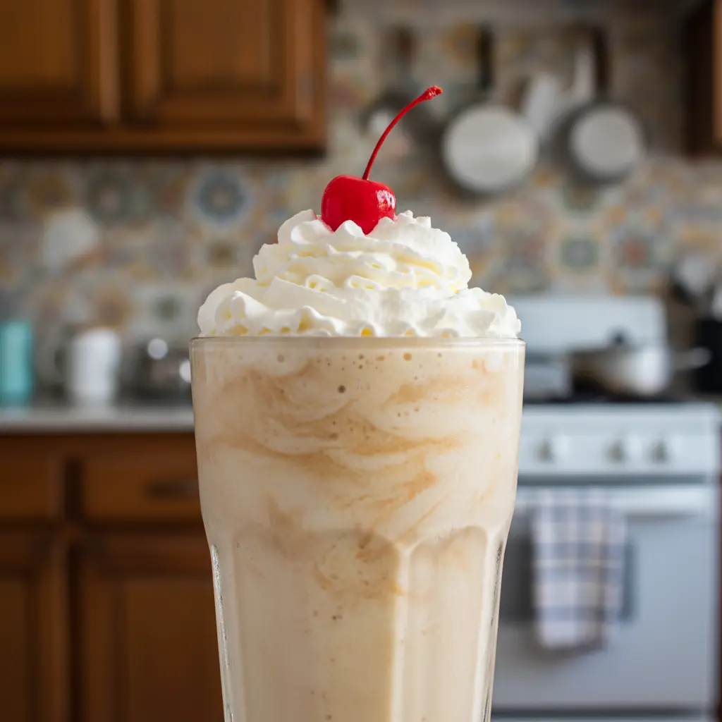 Malteada cubana cremosa con helado derretido, crema batida y cereza.