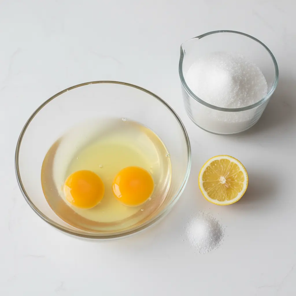 Ingredientes para merenguitos cubanos: claras de huevo, azúcar, sal y limón.