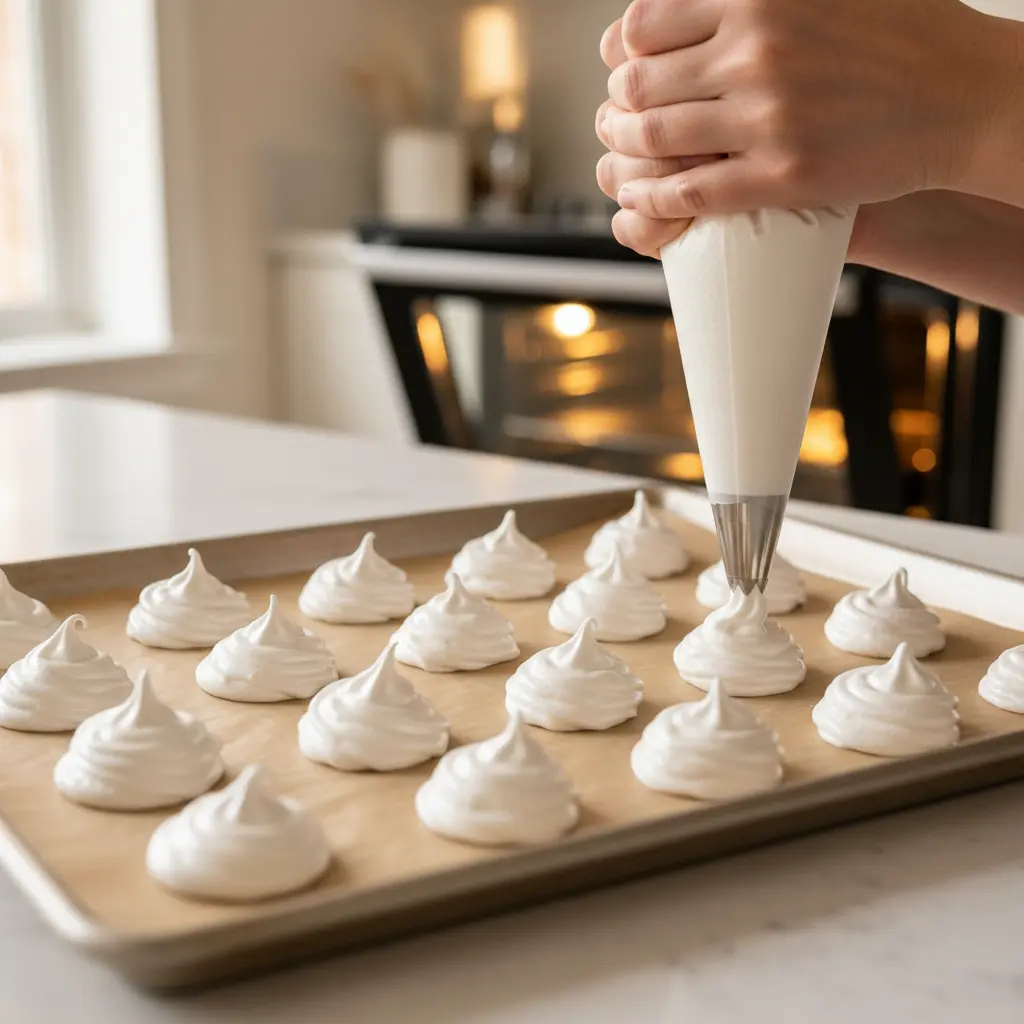 Manga pastelera formando merenguitos blancos aireados sobre papel de horno.