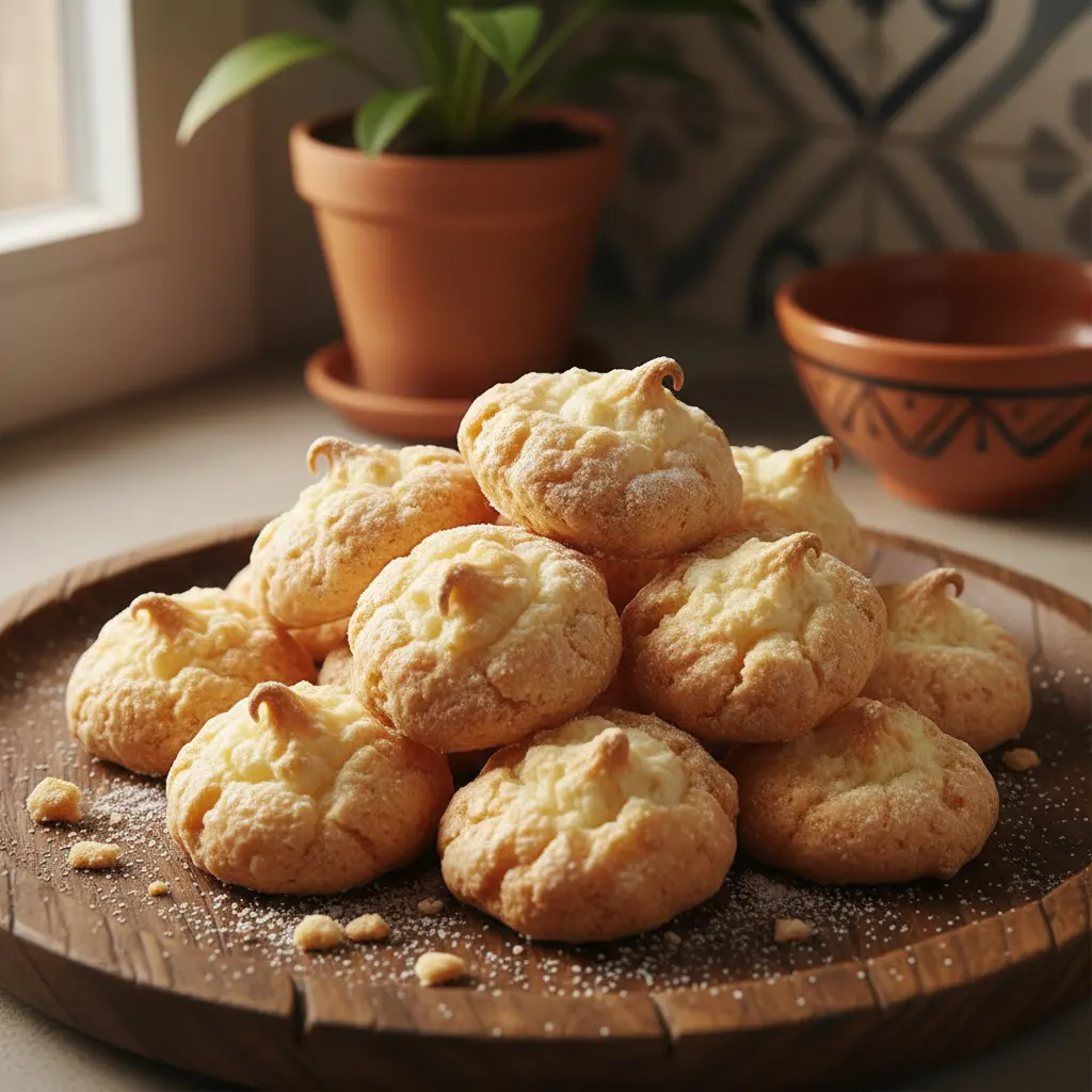 Merenguitos cubanos dorados y crujientes en bandeja rústica, cocina acogedora.