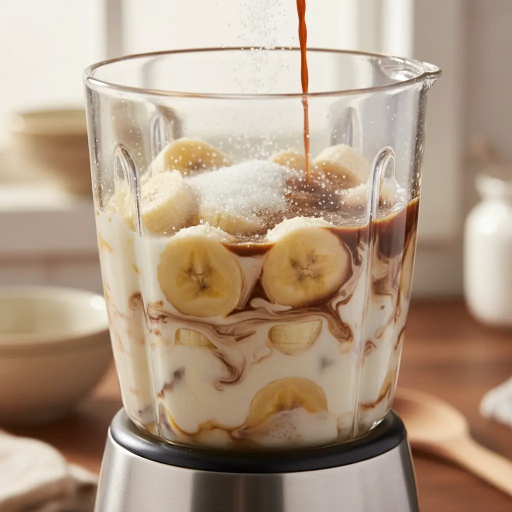 Batidora con leche cremosa, plátanos, café y azúcar para batido de café.