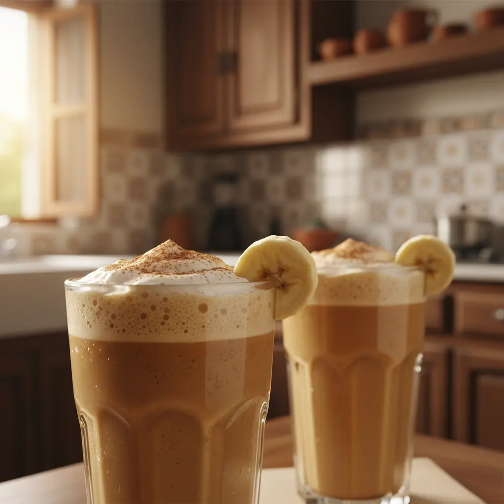 Dos batidos de café cubano en vasos altos, con canela y plátano. Cocina rústica cubana.