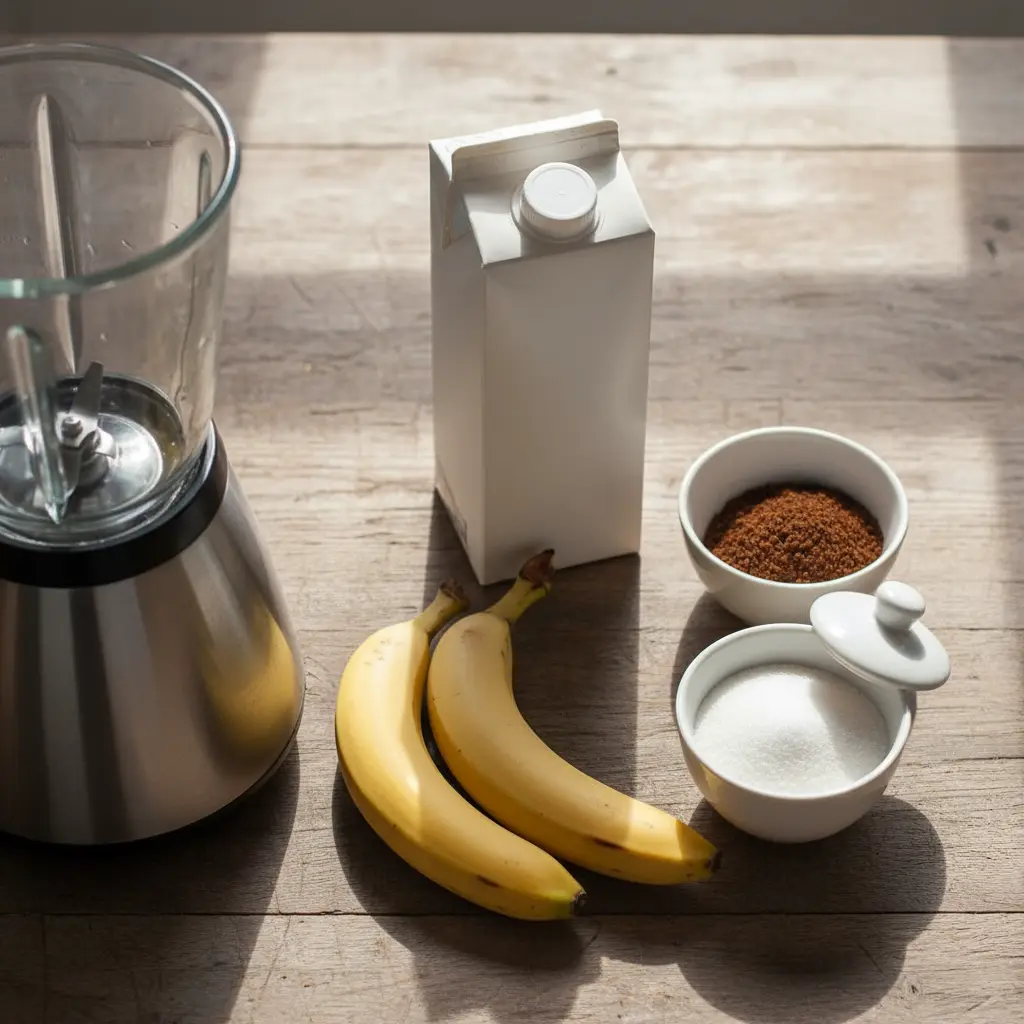 Ingredientes para batido cubano: plátanos, leche, café instantáneo, azúcar, licuadora.
