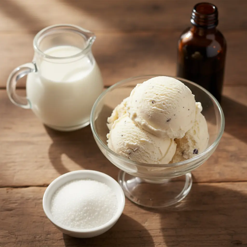 Cuchara de helado de vainilla premium en bol, leche, azúcar y extracto en madera rústica.