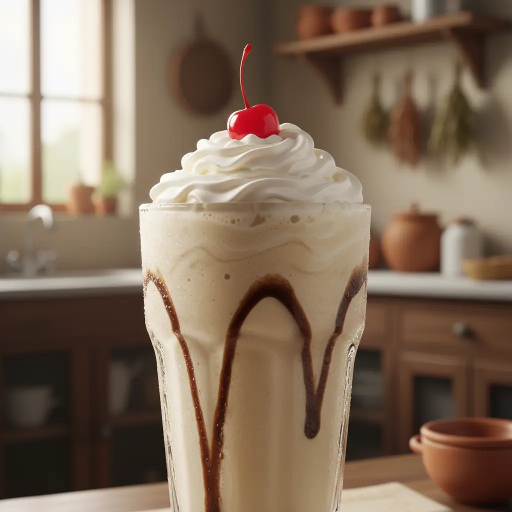 Malteada de vainilla cremosa en vaso alto, con crema batida y cereza. Cocina cubana.