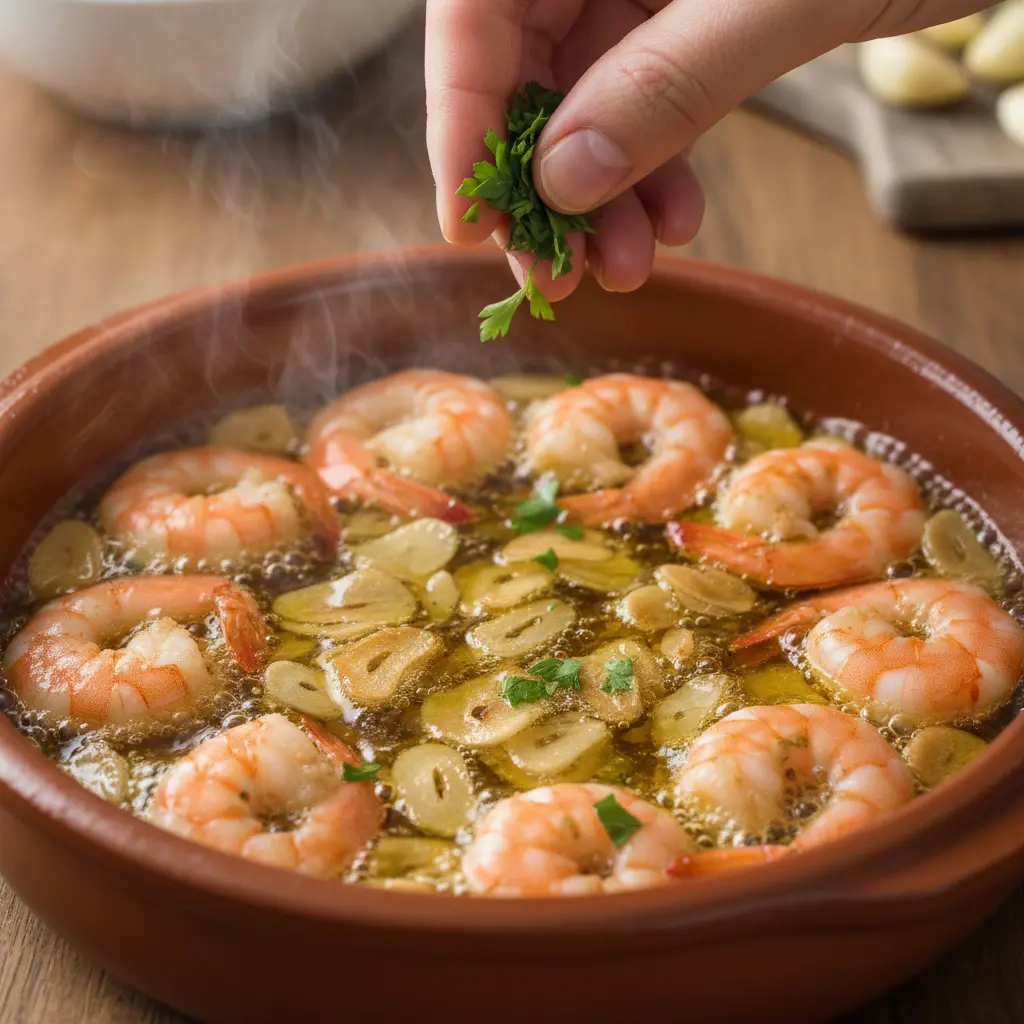 Gambas chisporroteando en cazuela española con ajo dorado y aceite de oliva.