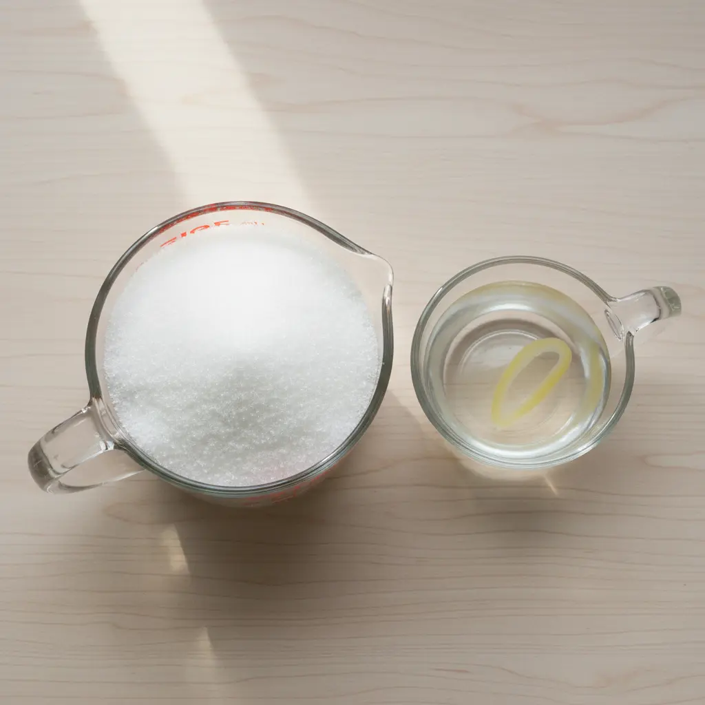 Azúcar granulada blanca y agua con limón en tazas medidoras de vidrio sobre madera.
