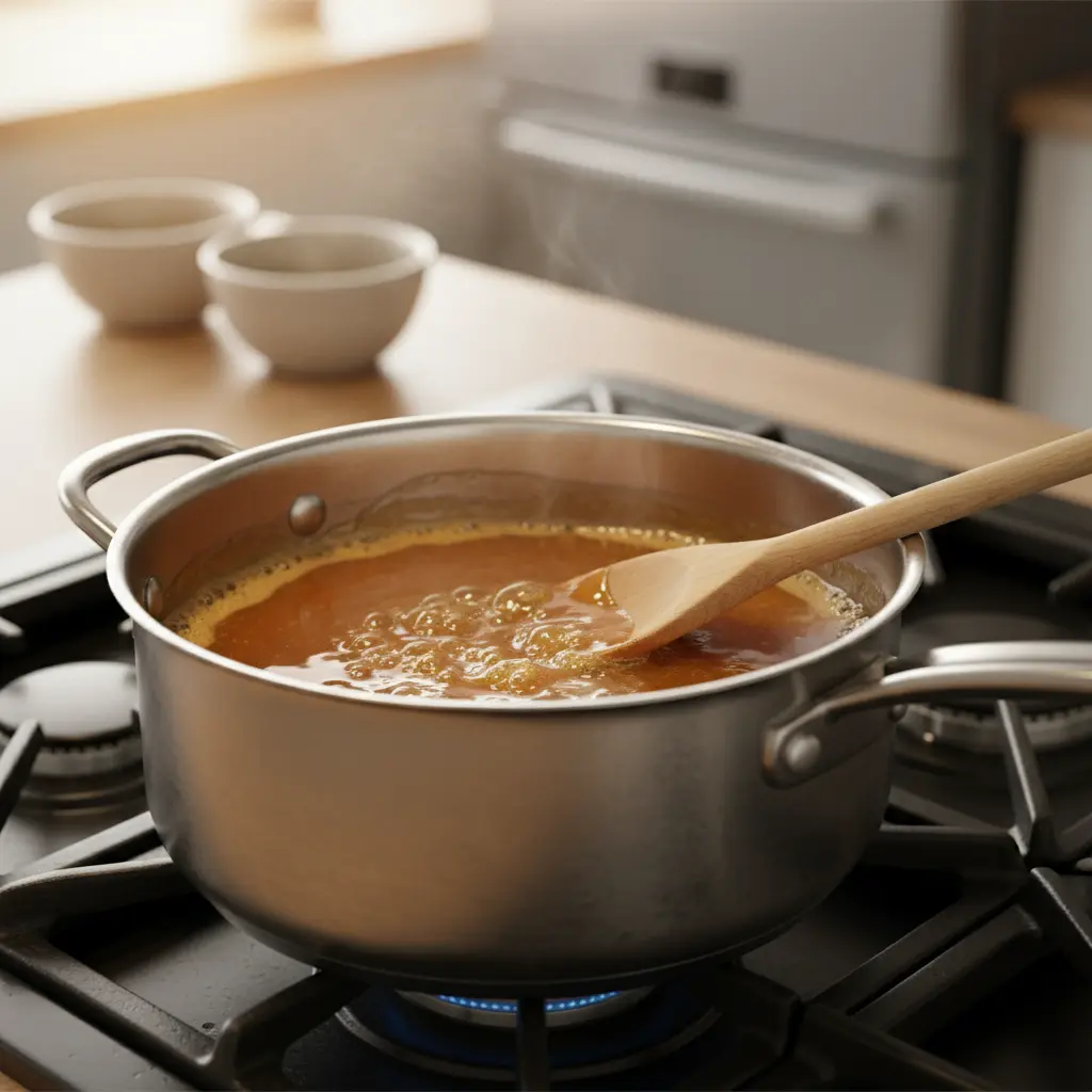Caramelo ámbar burbujeante en cacerola, cuchara de madera al lado.