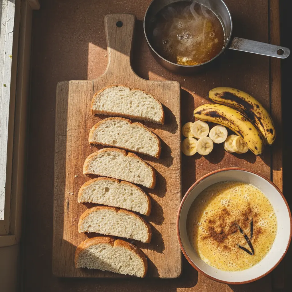Torrejas cubanas: ingredientes para postre casero Ingredientes para torrejas cubanas: pan, huevos, leche, plátano y almíbar.