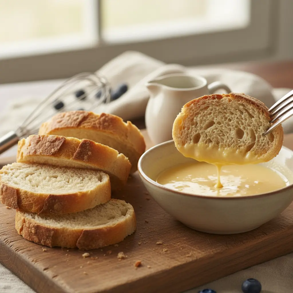 Pan cubano en tabla de madera, listo para torrijas Rebanadas de pan cubano de un día, listas para rebozar en huevo y leche.