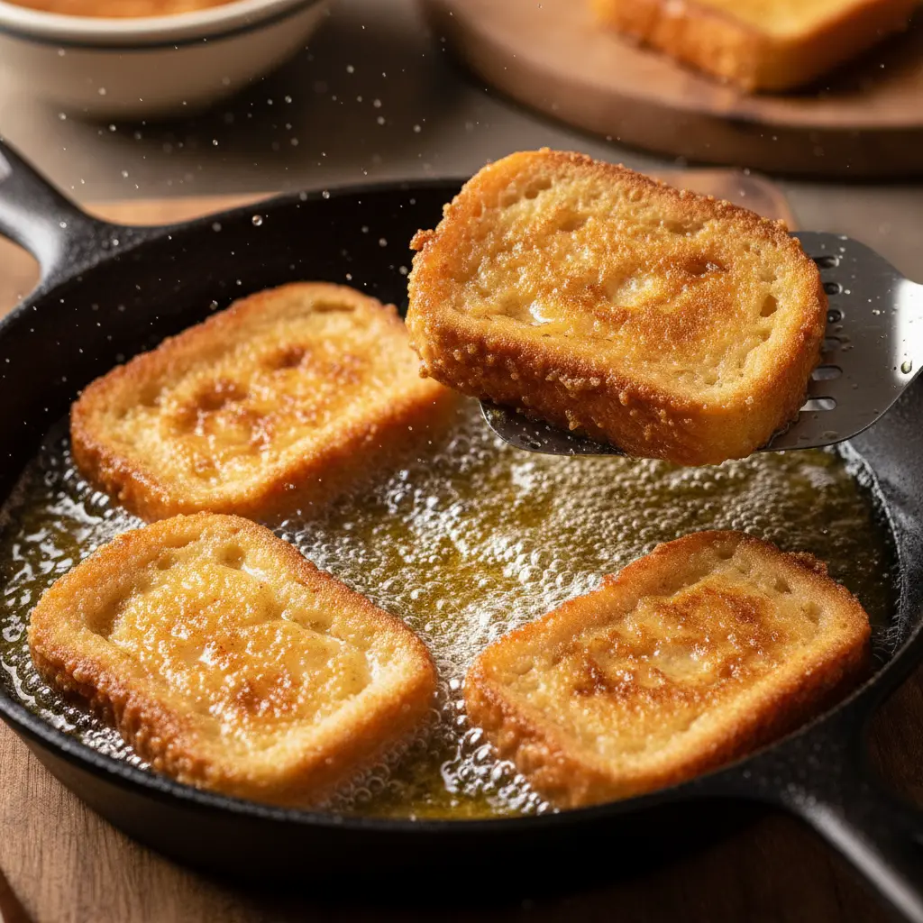 Torrejas cubanas: ¡Doradas y crujientes! Torrejas cubanas doradas friéndose en aceite caliente, burbujeando y esponjándose.