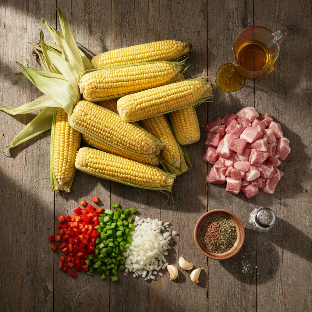 Ingredientes para tamales cubanos Ingredientes frescos para tamales cubanos: maíz, cerdo, pimientos, cebolla, ajo, especias.