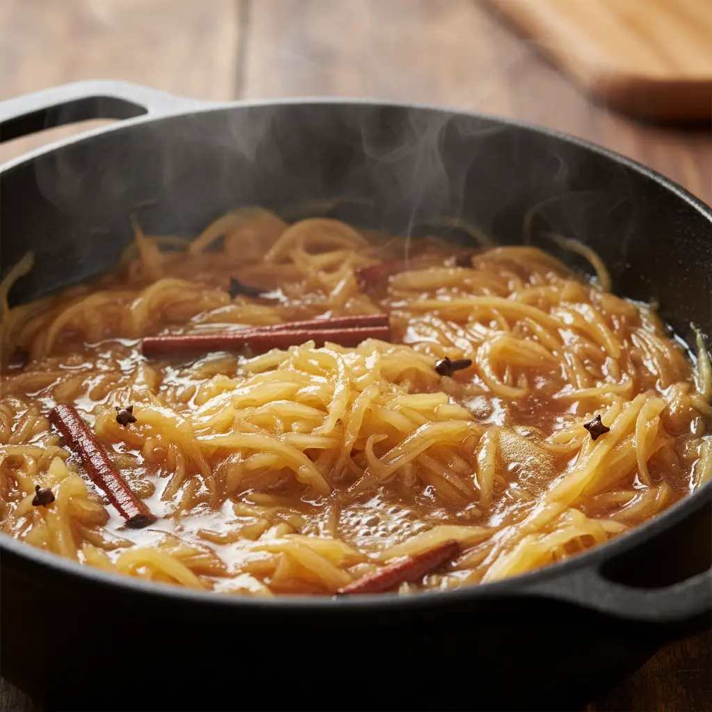 Dulce de fruta bomba verde cocinándose en caldero cubano, con especias y almíbar brillante.
