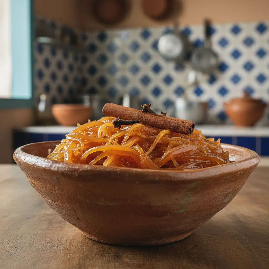 Dulce de fruta bomba verde cubano en cuenco rústico, con canela y clavo.