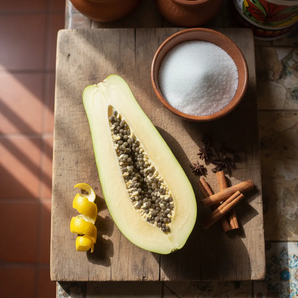 Ingredientes crudos para dulce de fruta bomba verde: papaya verde, azúcar, canela, clavo y limón.