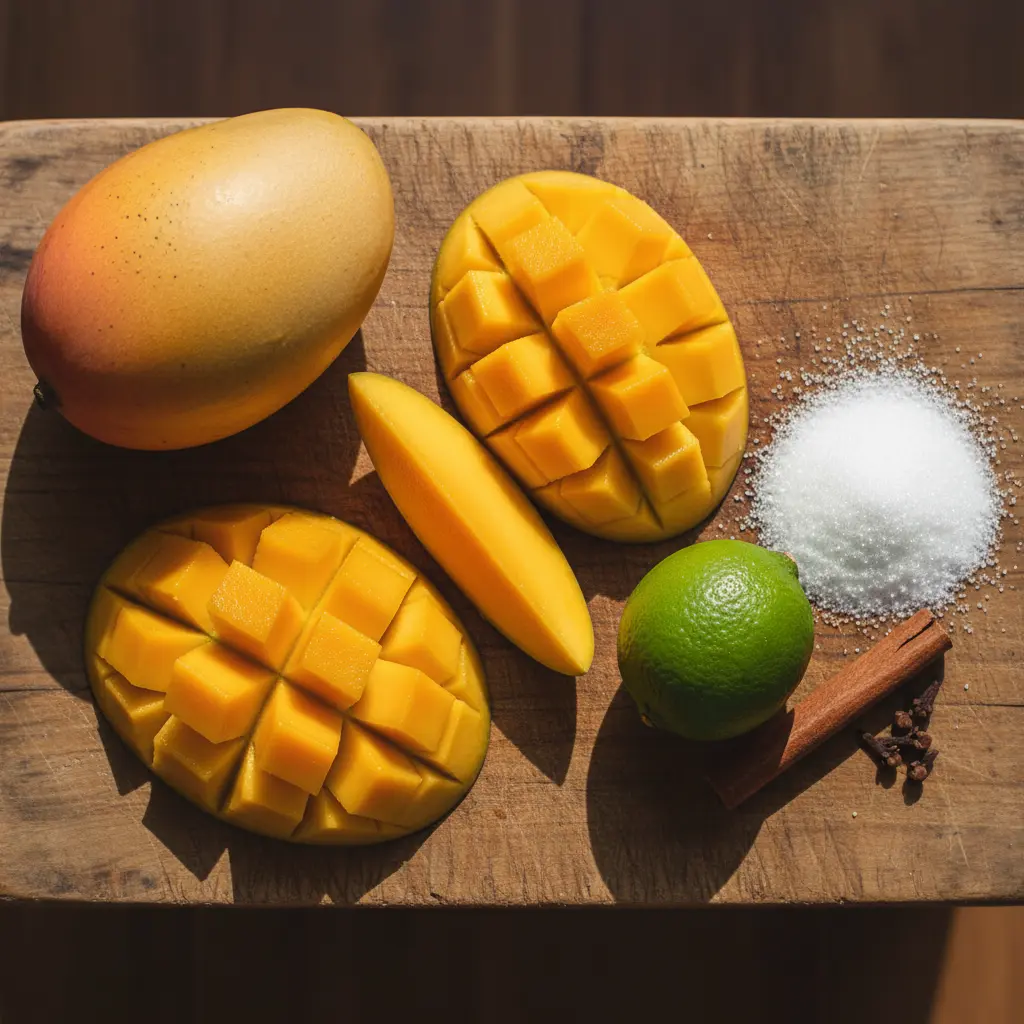 Mermelada de mango cubana: ingredientes frescos Mangoes, azúcar, lima y especias para mermelada cubana casera.