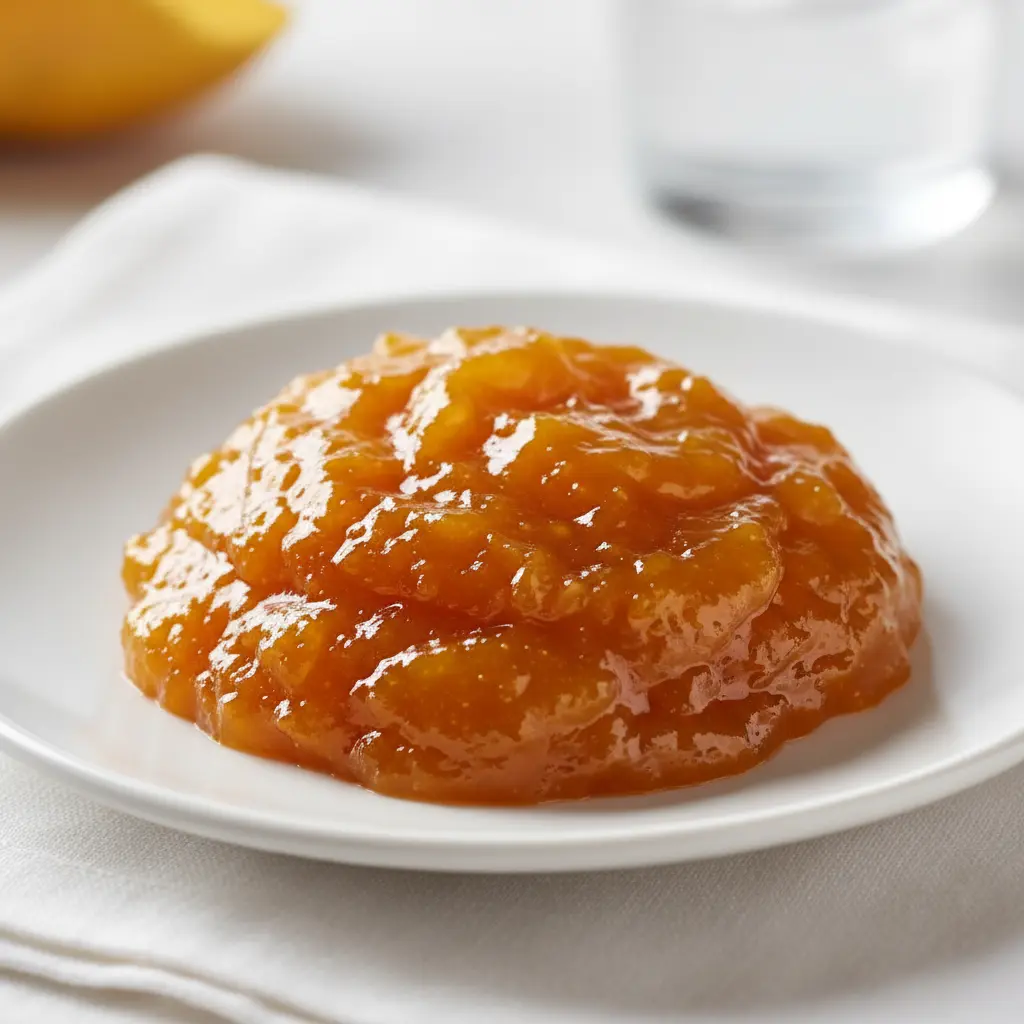 Mermelada de mango espesa y dorada Mermelada de mango dorada y espesa en platillo blanco frío, textura y forma.